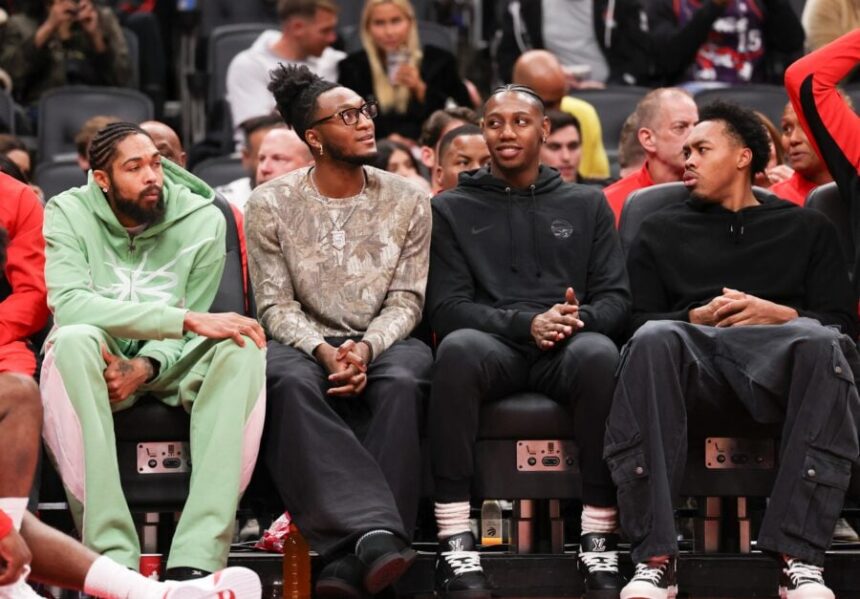 In first half action, watching the action from the bench left to right are Brandon Ingram (3) of the Toronto Raptors, Immanuel Quickley , RJ Barrett and Scottie Barnes.