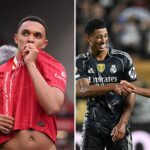 Split image of Trent Alexander-Arnold and Jude Bellingham celebrating with Trent