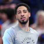 Tyrese Haliburton #0 of the Indiana Pacers warms up before playing the Oklahoma City Thunder in Game Seven of the 2025 NBA Finals.