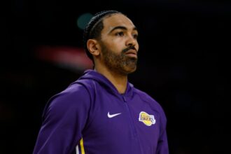 Gabe Vincent #7 of the Los Angeles Lakers during warm up before a season opening game between the Golden State Warriors and the Los Angeles Lakers at Crypto.com.