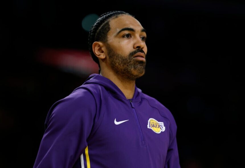 Gabe Vincent #7 of the Los Angeles Lakers during warm up before a season opening game between the Golden State Warriors and the Los Angeles Lakers at Crypto.com.